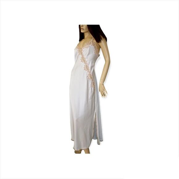 VTG SHINY WHITE SATIN BEIGE LACE FLORAL LONG NIGHTGOWN THIN STRAP -MISS ELAINE- - Picture 3 of 14